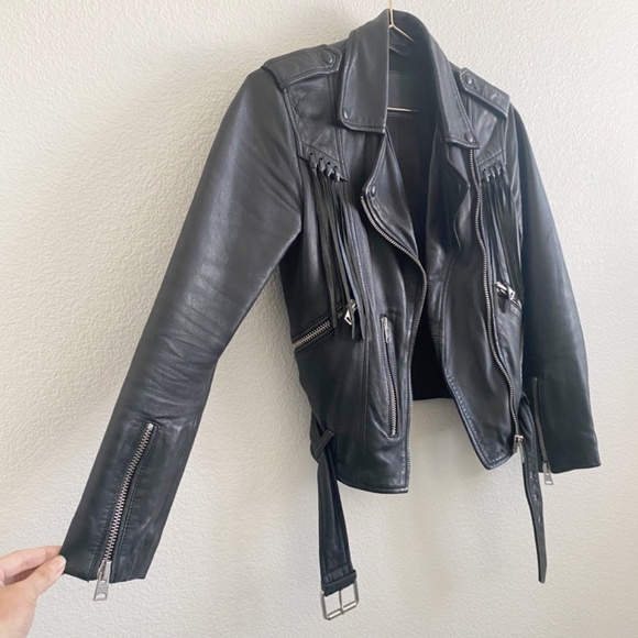 All Saints Tassel Fringe Balfern Leather Motorcycle Moto Jacket Black 0 - Picture 4 of 10